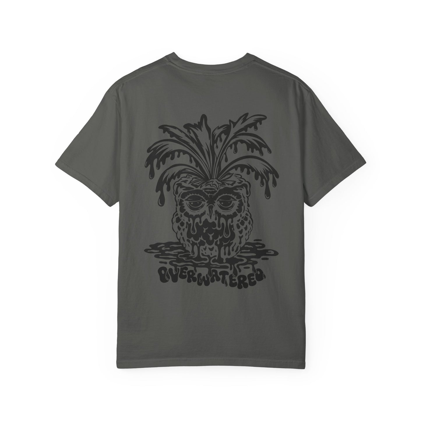 Overwatered Owl T-shirt | Dripping Plant Skull Graphic, Dark Grey Black Ink