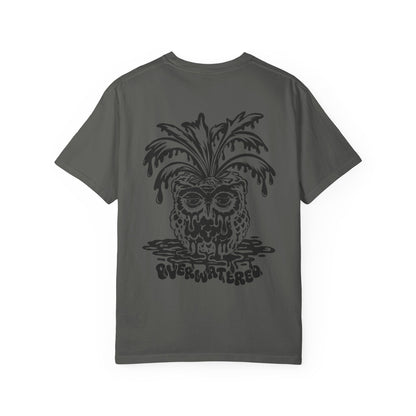 Overwatered Owl T-shirt | Dripping Plant Skull Graphic, Dark Grey Black Ink
