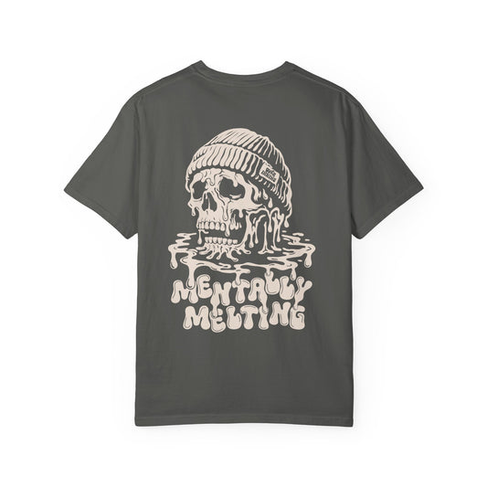 Mentally Melting T-shirt | Dripping Skull Graphic, Dark Grey