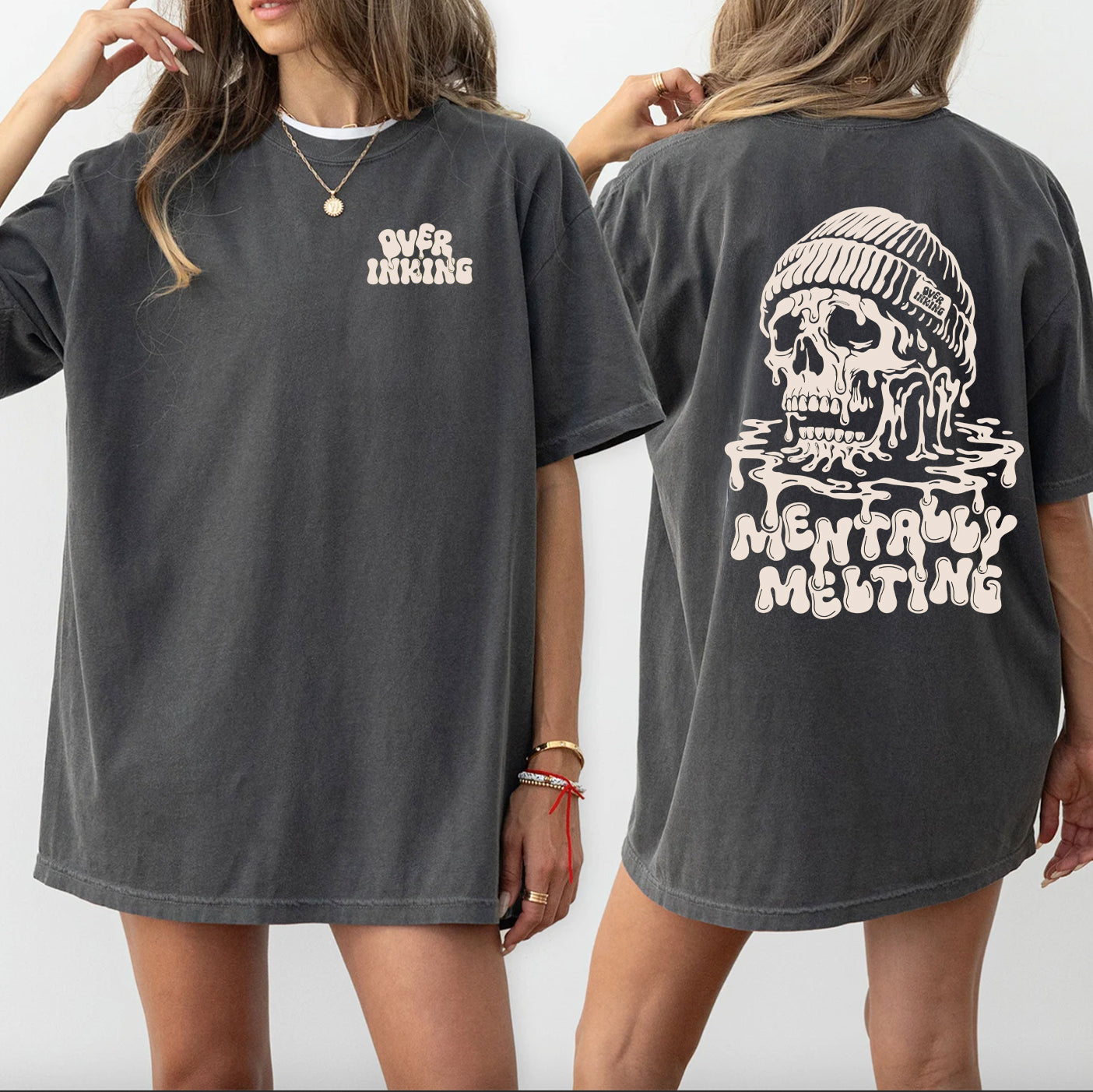 Mentally Melting T-shirt | Dripping Skull Graphic, Dark Grey