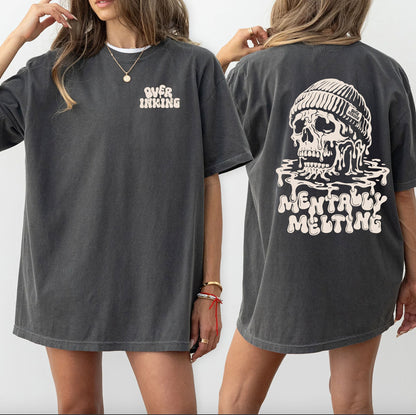 Mentally Melting T-shirt | Dripping Skull Graphic, Dark Grey