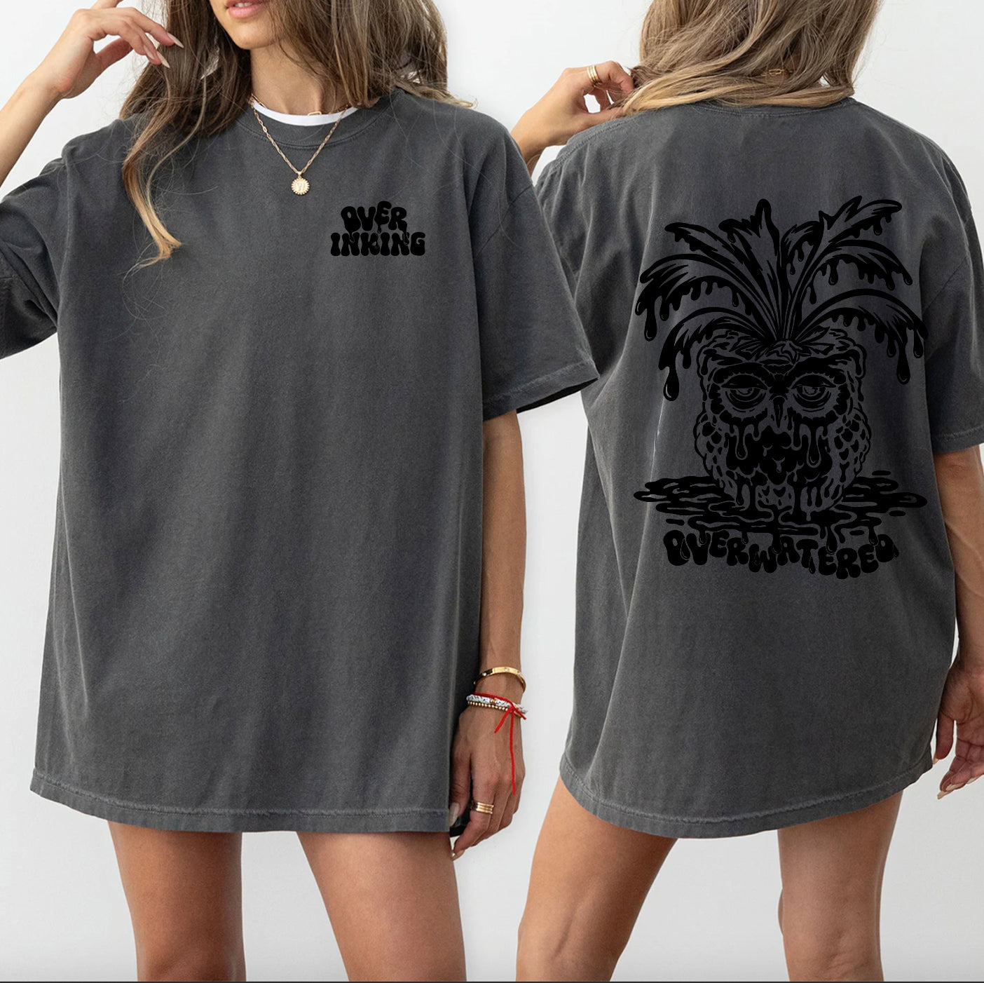 Overwatered Owl T-shirt | Dripping Plant Skull Graphic, Dark Grey Black Ink