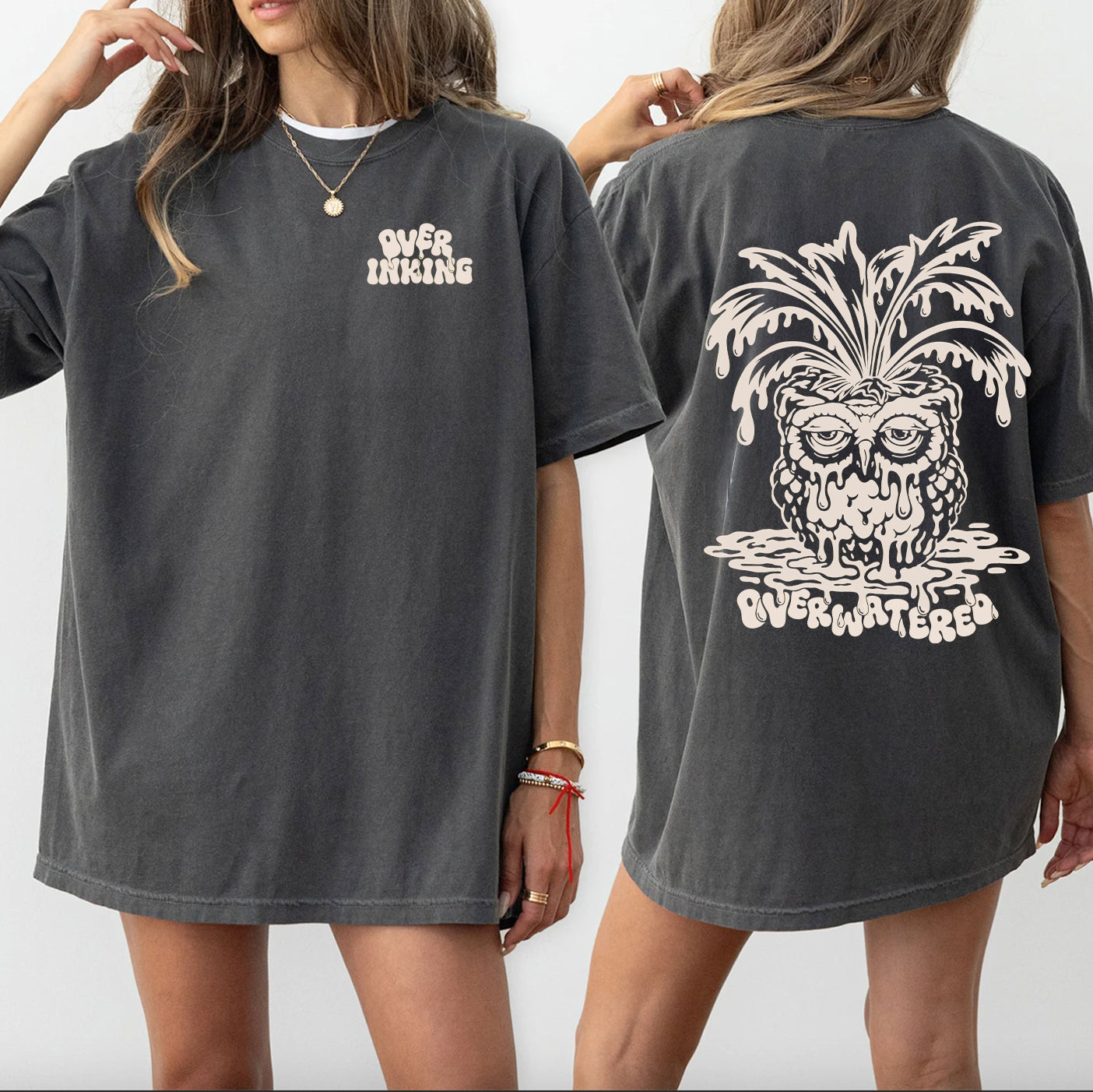 Overwatered Owl T-shirt Cream | Dripping Plant Skull Graphic, Dark Grey Cream Ink