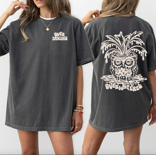 Overwatered Owl T-shirt Cream | Dripping Plant Skull Graphic, Dark Grey Cream Ink